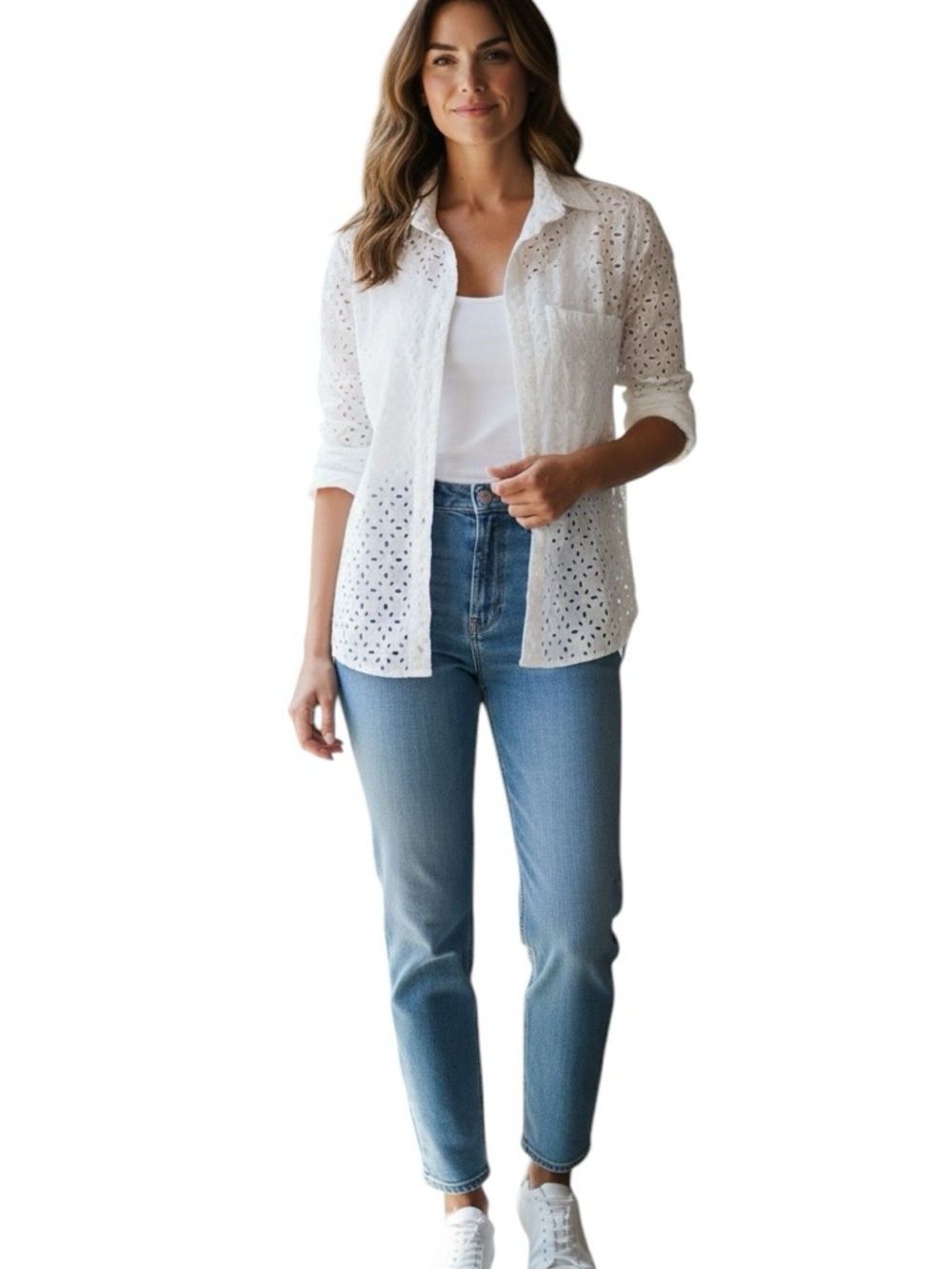 Women's White Eyelet Button-Down Shirt - Classic Lightweight Blouse